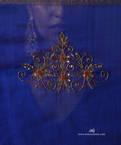 Gold-toned floral vine embroidery with red accents on the royal blue Chanderi dupatta