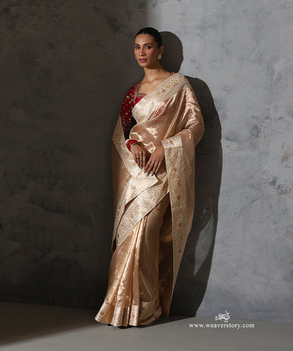Full front view of Padmika gold Tissue Organza saree with vintage handwoven Banarasi border, styled with a red blouse