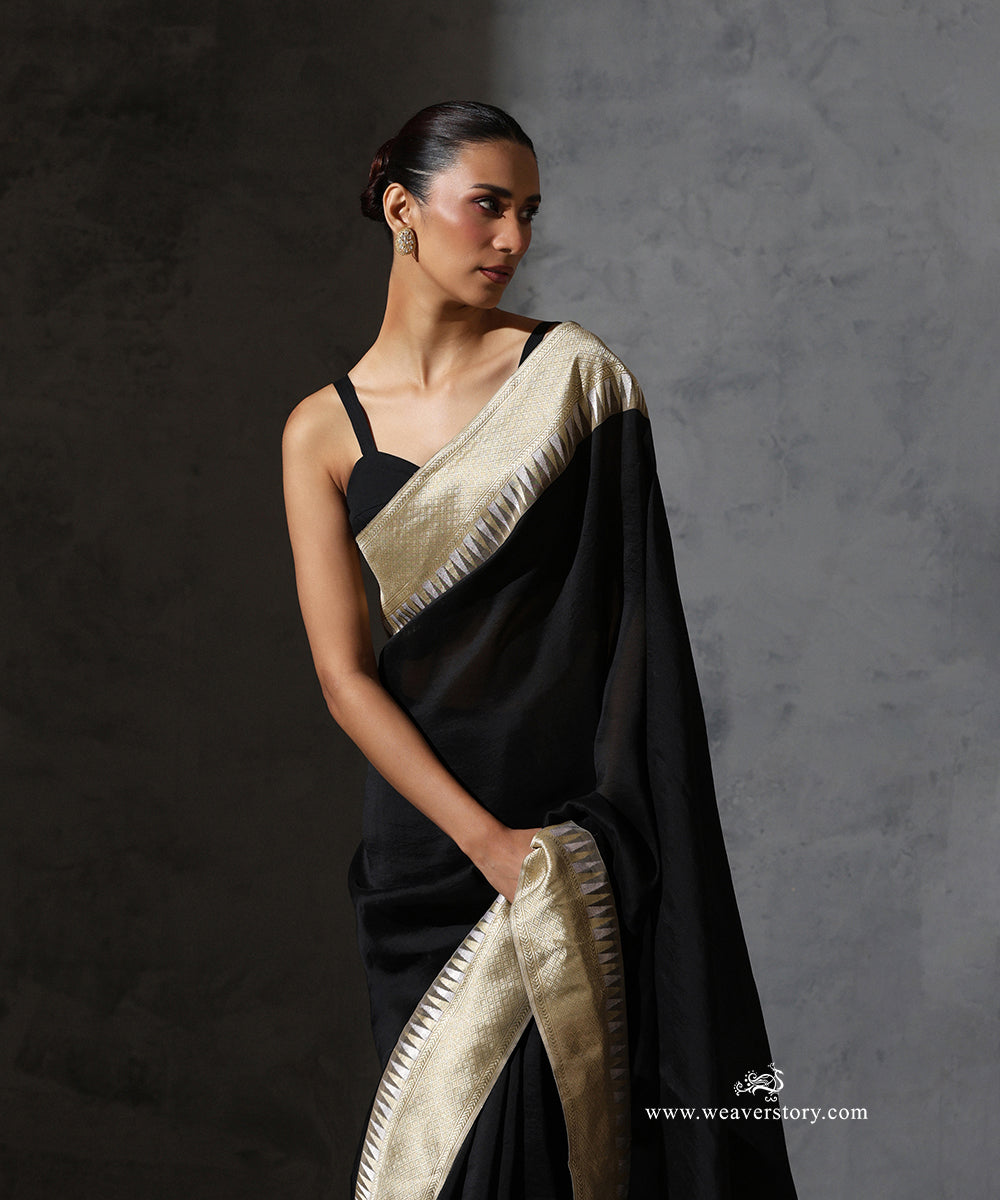 Black_Organza_Silk_Saree_with_Gold_Banarasi_Border_WeaverStory_01