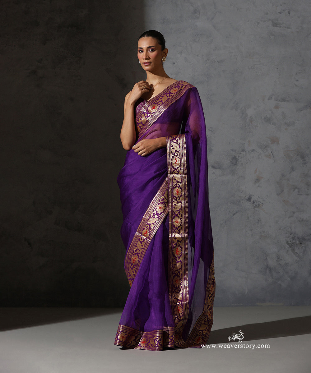 Purple_Organza_Silk_Saree_with_Vintage_Banarasi_Zari_Border_WeaverStory_02
