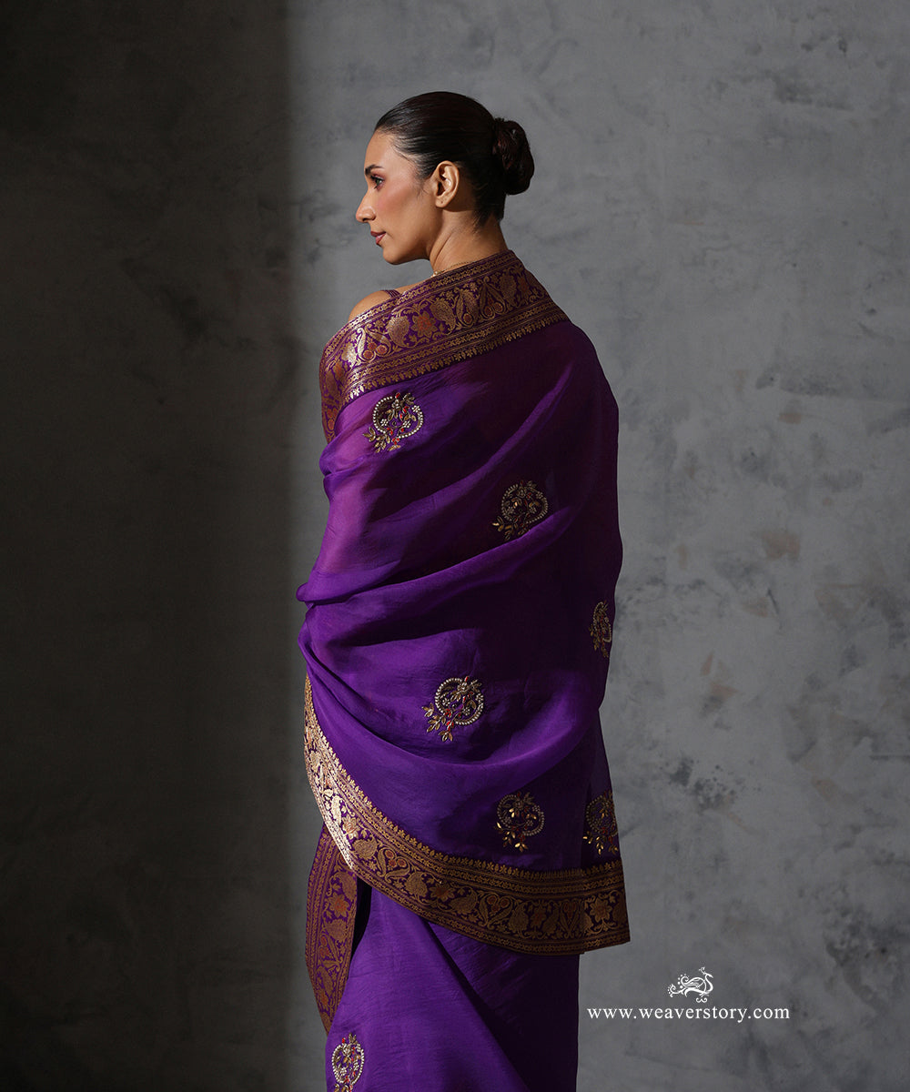 Vaijayanti purple pure silk organza saree with hand-embroidered meenakari bootis and vintage Banarasi zari border.