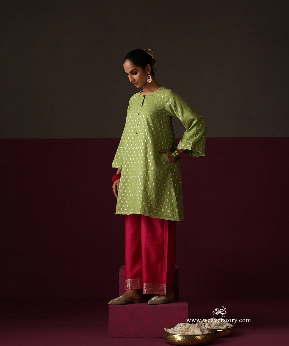 Parrot Green Chanderi Booti Kurta Hot Pink Chanderi Farshi Wit Sanzab