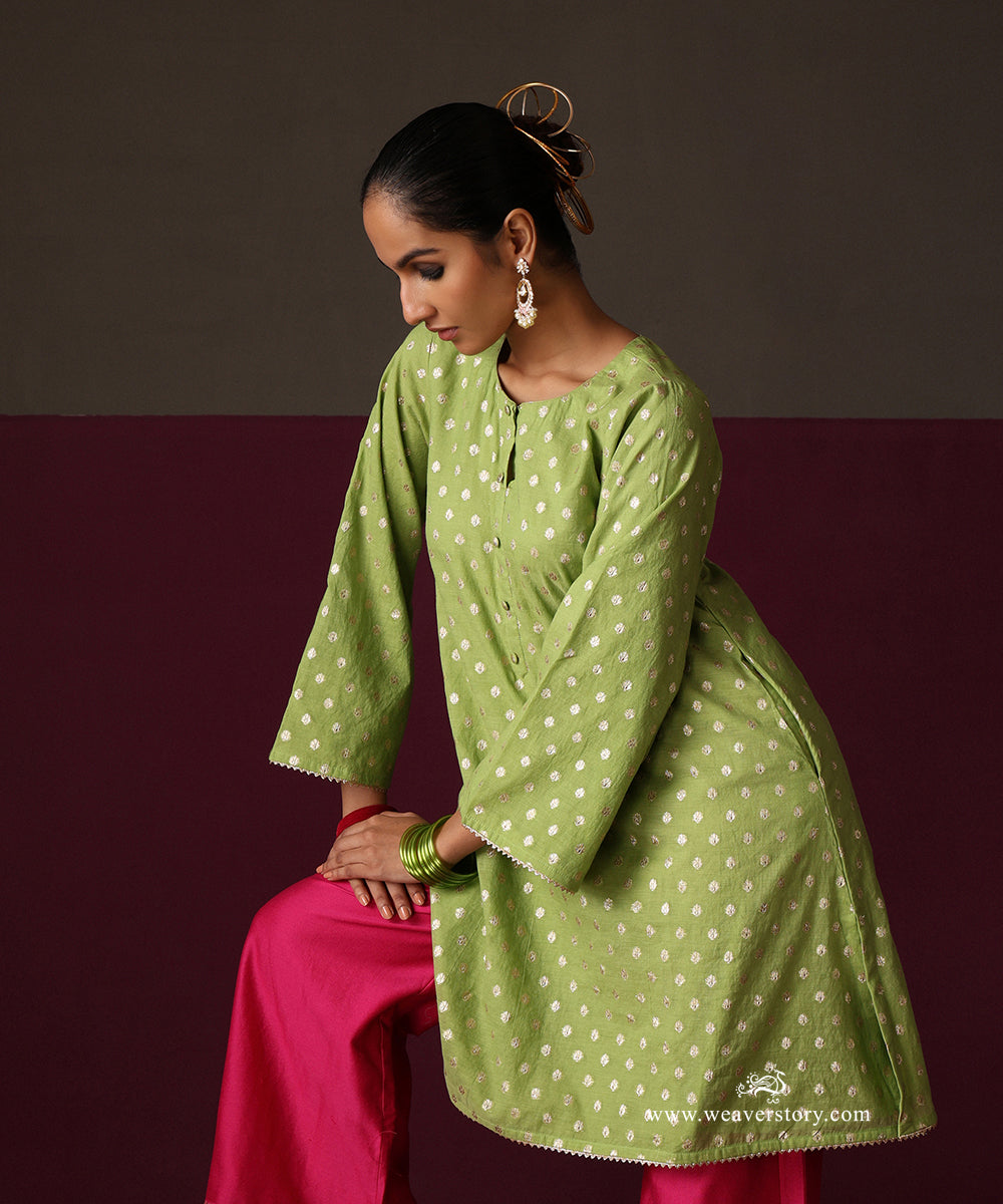 Parrot Green Chanderi Booti Kurta Hot Pink Chanderi Farshi Wit Sanzab
