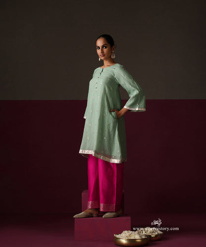 Light Green Chanderi Dori Embroidery Booti Kurti Hot Pink Chanderi Farshi With Sanjab