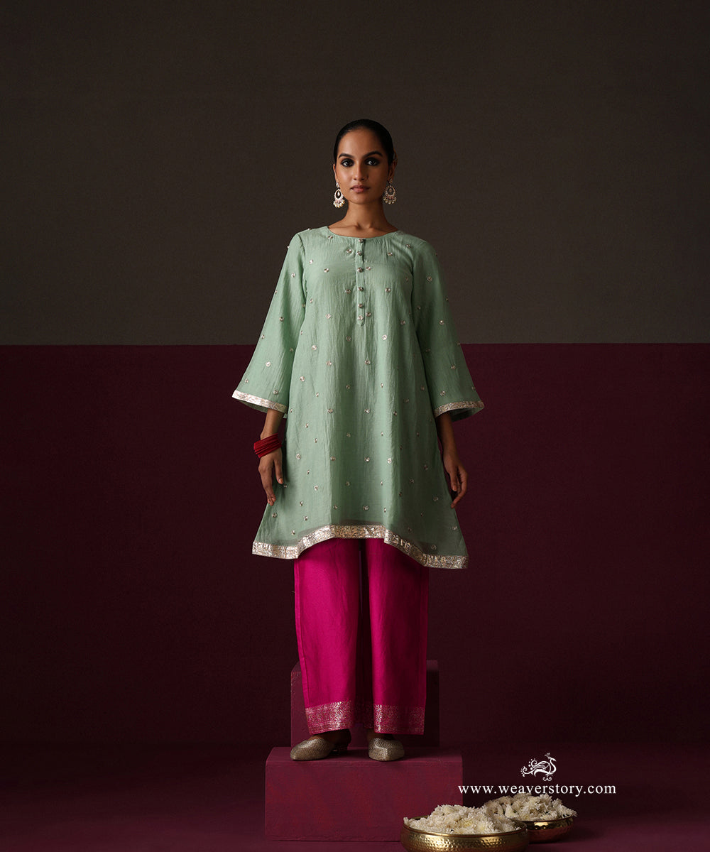 Light Green Chanderi Dori Embroidery Booti Kurti Hot Pink Chanderi Farshi With Sanjab