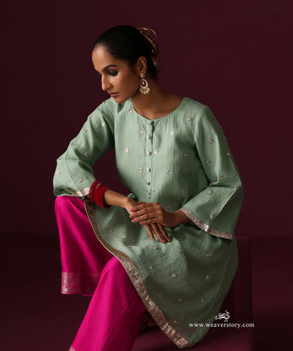 Light Green Chanderi Dori Embroidery Booti Kurti Hot Pink Chanderi Farshi With Sanjab