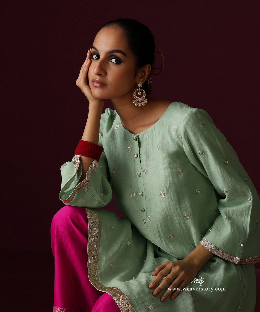 Light Green Chanderi Dori Embroidery Booti Kurti Hot Pink Chanderi Farshi With Sanjab