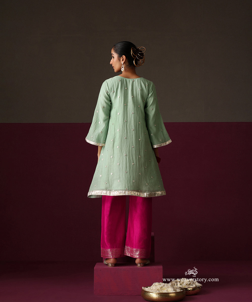 Light Green Chanderi Dori Embroidery Booti Kurti Hot Pink Chanderi Farshi With Sanjab