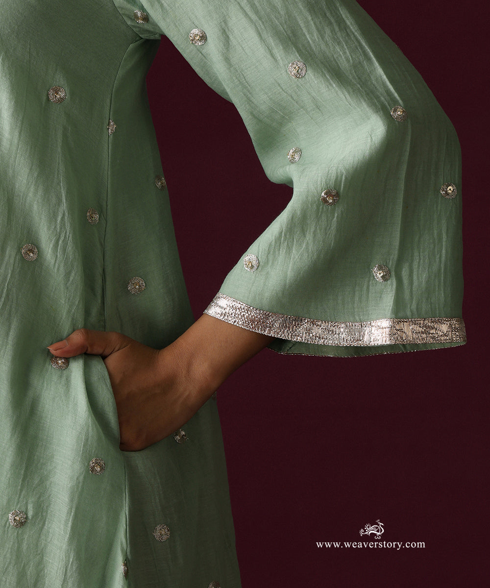 Light Green Chanderi Dori Embroidery Booti Kurti Hot Pink Chanderi Farshi With Sanjab