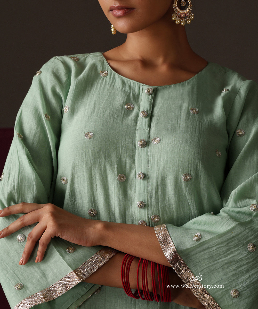 Light Green Chanderi Dori Embroidery Booti Kurti Hot Pink Chanderi Farshi With Sanjab