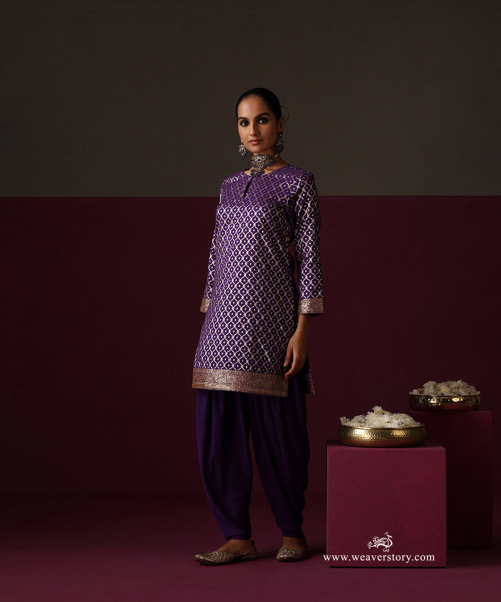 Purple Chanderi Jaal Kurta With Dhoti