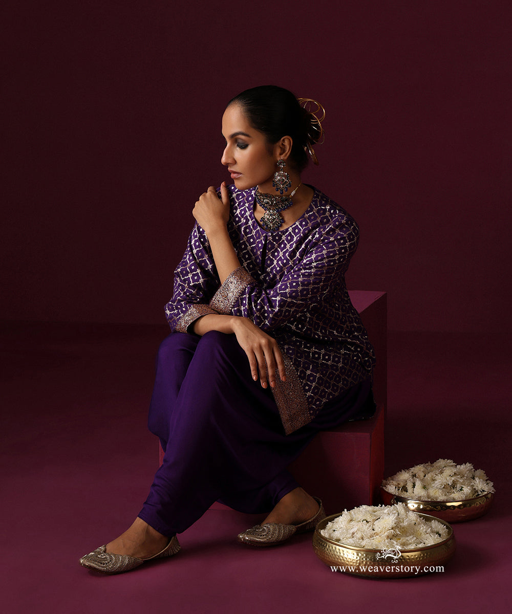 Purple Chanderi Jaal Kurta With Dhoti