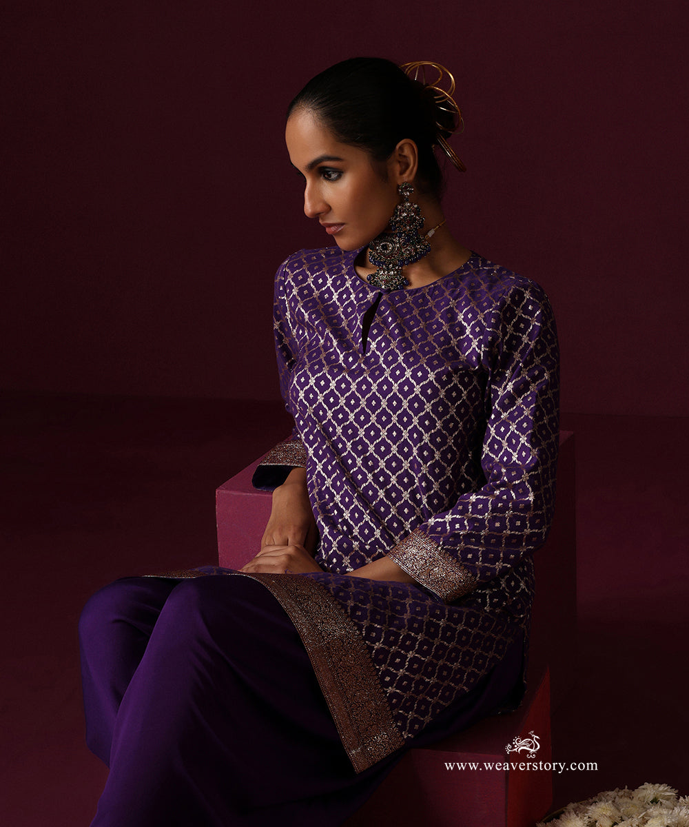 Purple Chanderi Jaal Kurta With Dhoti