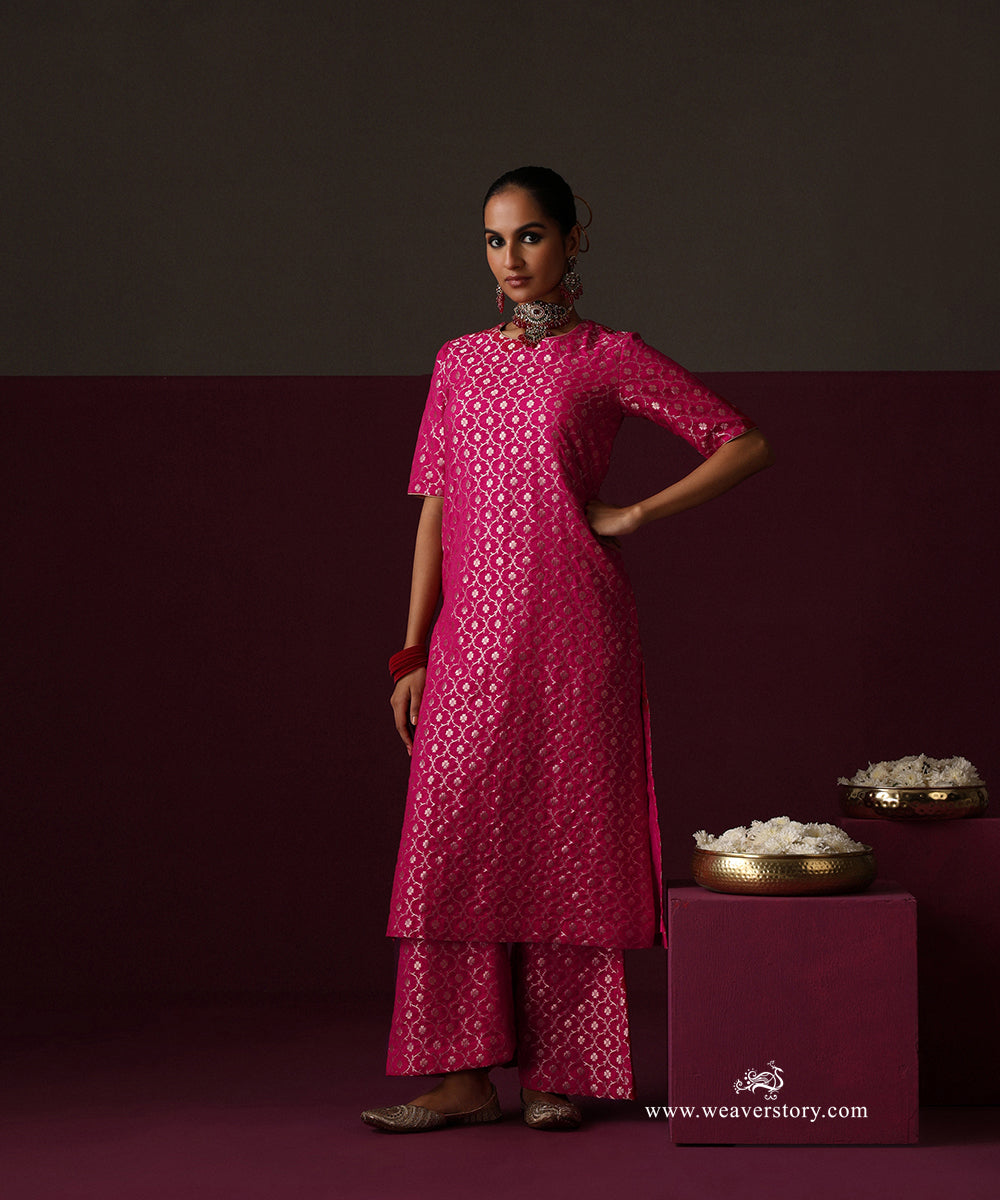 Hot Pink Jaal Chanderi Jaal Bell Bottom Suit Set