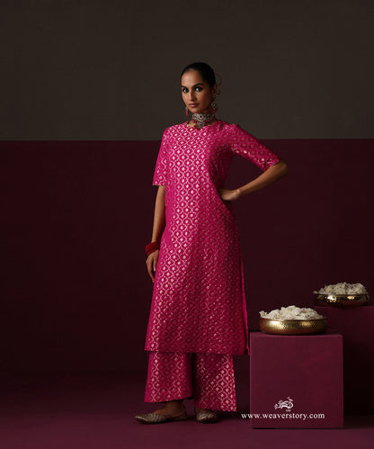 Hot Pink Jaal Chanderi Jaal Bell Bottom Suit Set