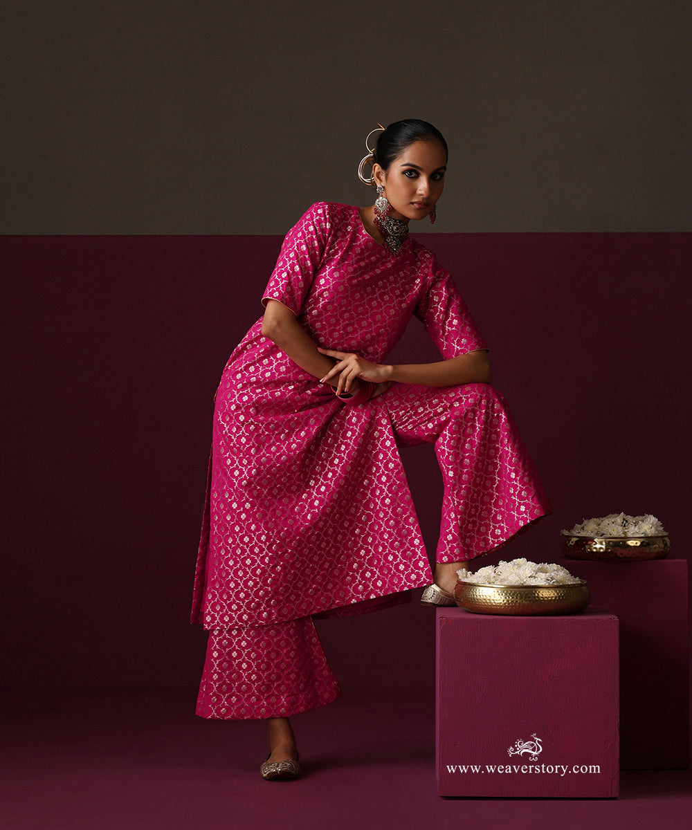 Hot Pink Jaal Chanderi Jaal Bell Bottom Suit Set