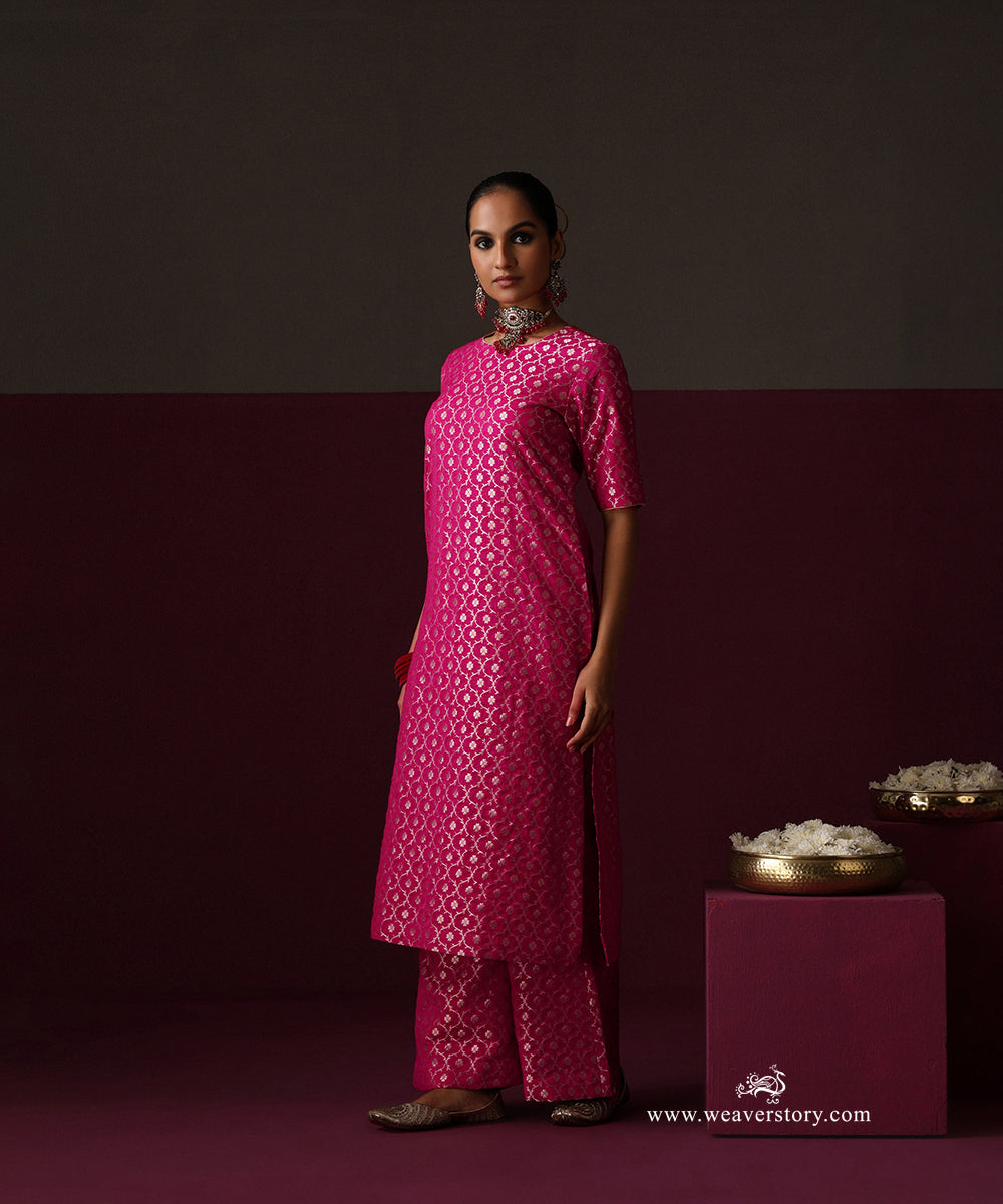 Hot Pink Jaal Chanderi Jaal Bell Bottom Suit Set