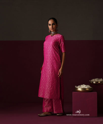 Hot Pink Jaal Chanderi Jaal Bell Bottom Suit Set