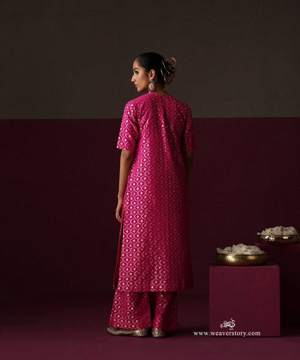 Hot Pink Jaal Chanderi Jaal Bell Bottom Suit Set