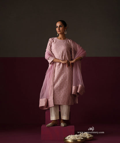 Light Pink Jaal Kurta White Pant With Organza Dupatta