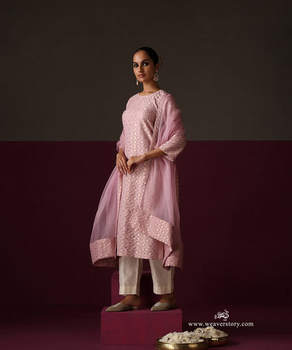 Light Pink Jaal Kurta White Pant With Organza Dupatta