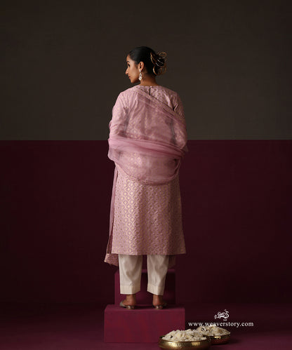 Light Pink Jaal Kurta White Pant With Organza Dupatta