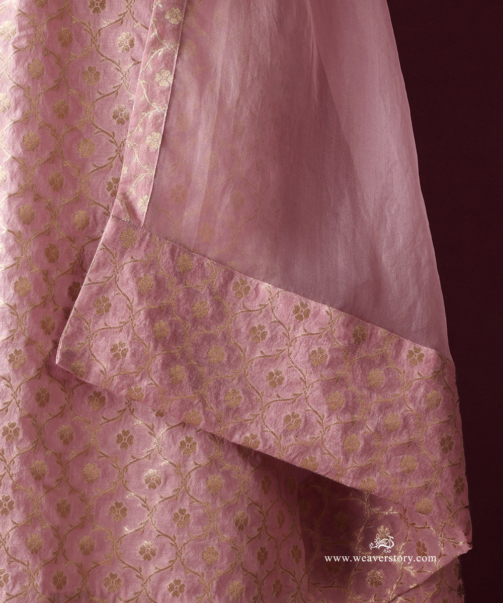Light Pink Jaal Kurta White Pant With Organza Dupatta