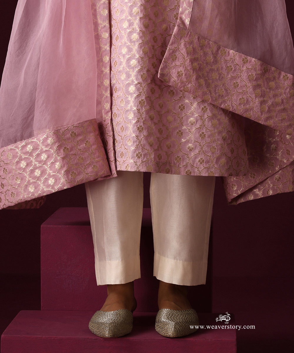 Light Pink Jaal Kurta White Pant With Organza Dupatta