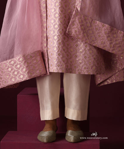 Light Pink Jaal Kurta White Pant With Organza Dupatta