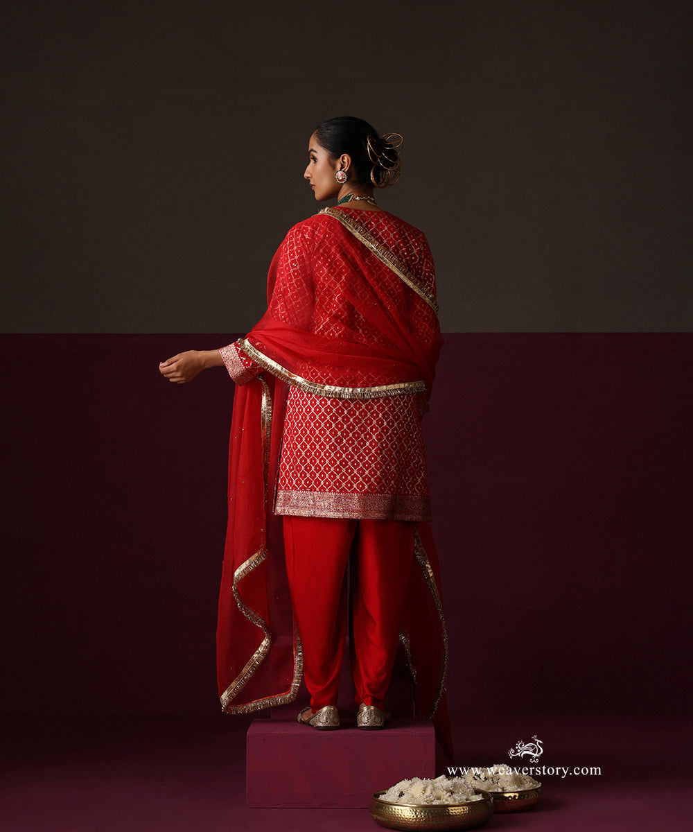 Redchanderi Jaal Kurta With Dhoti Organza Dupatta