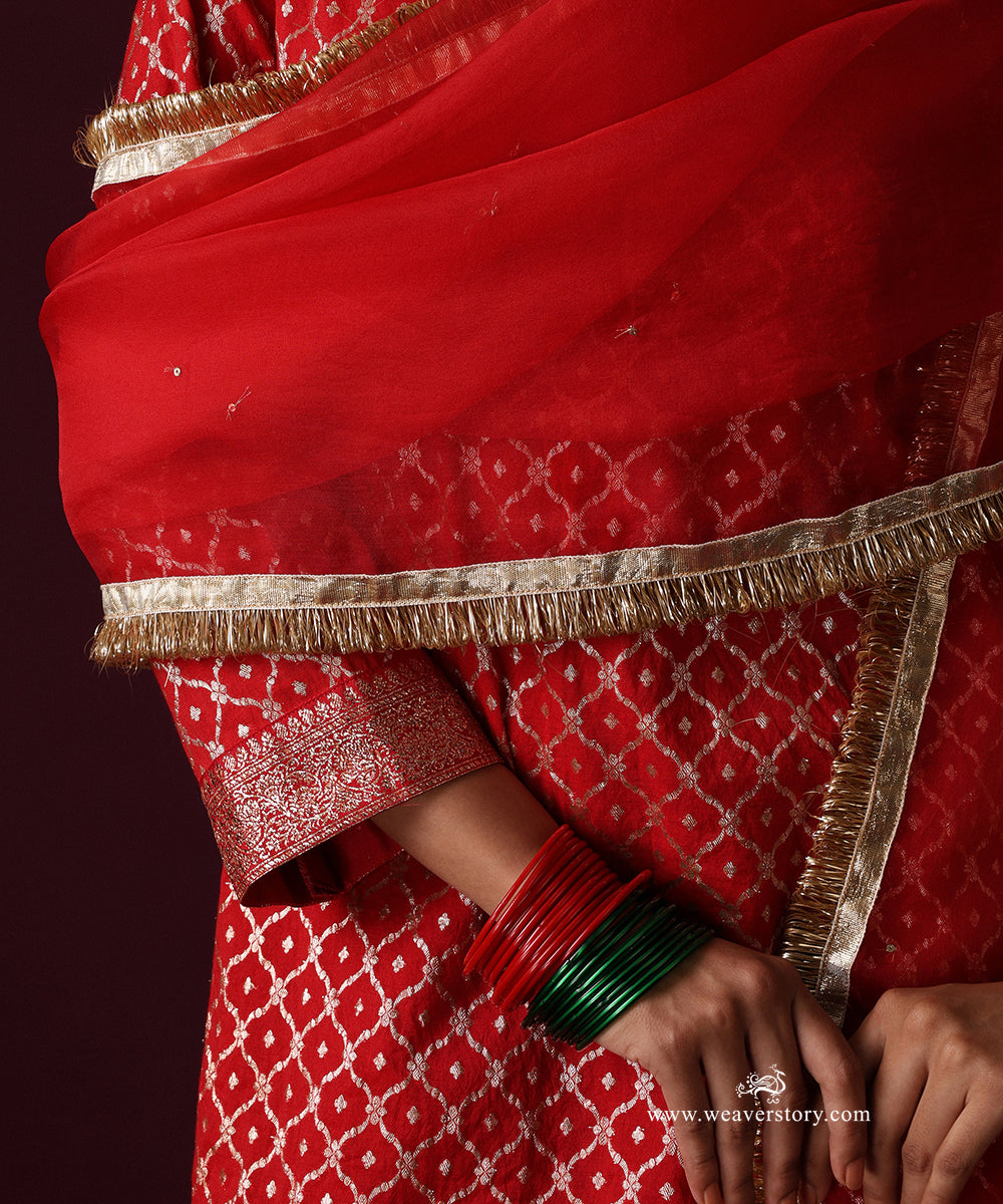 Redchanderi Jaal Kurta With Dhoti Organza Dupatta