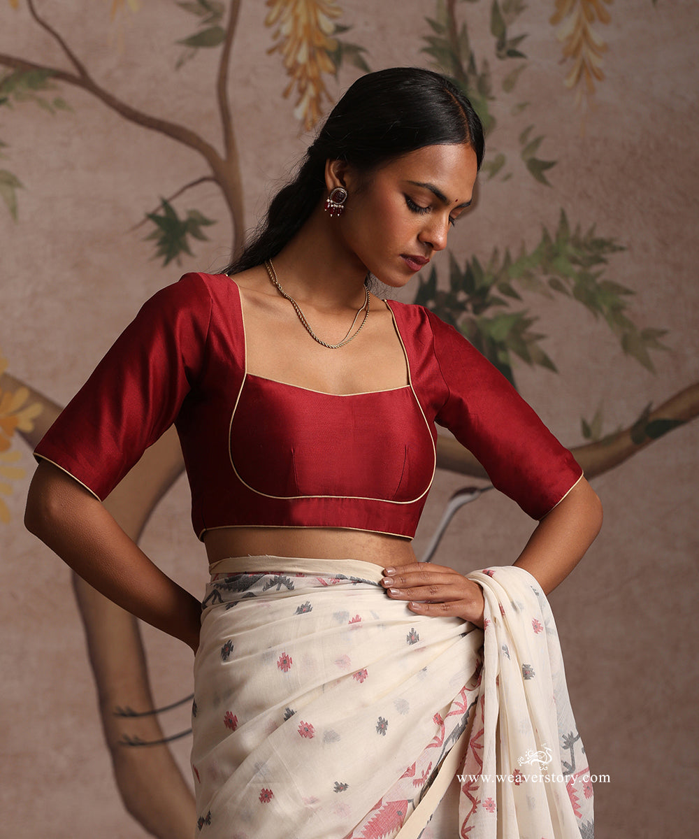 Red_Handloom_Pure_Chanderi_Silk_Blouse_Yoke_Cut_Style_WeaverStory_01