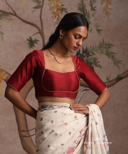 Red_Handloom_Pure_Chanderi_Silk_Blouse_Yoke_Cut_Style_WeaverStory_01