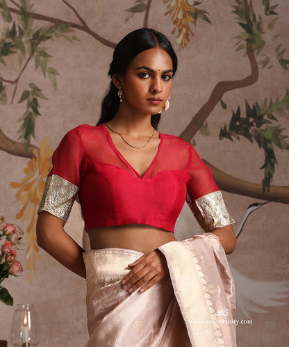 Hot_Pink_Handloom_Pure_Organza_Silk_Blouse_With_Lapa_Sleeves_WeaverStory_01