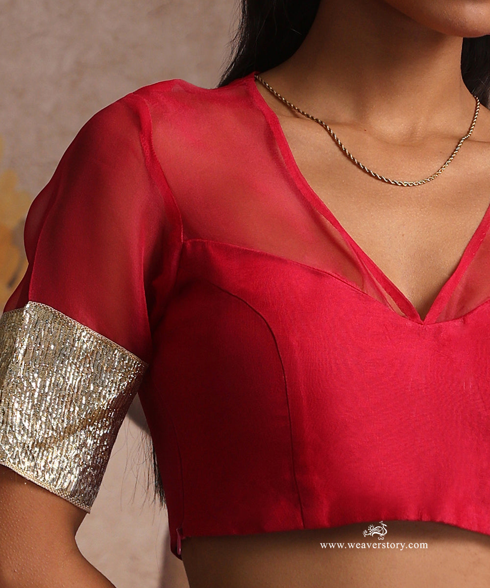 Hot_Pink_Handloom_Pure_Organza_Silk_Blouse_With_Lapa_Sleeves_WeaverStory_04