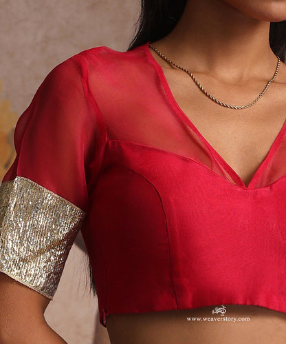 Hot_Pink_Handloom_Pure_Organza_Silk_Blouse_With_Lapa_Sleeves_WeaverStory_04