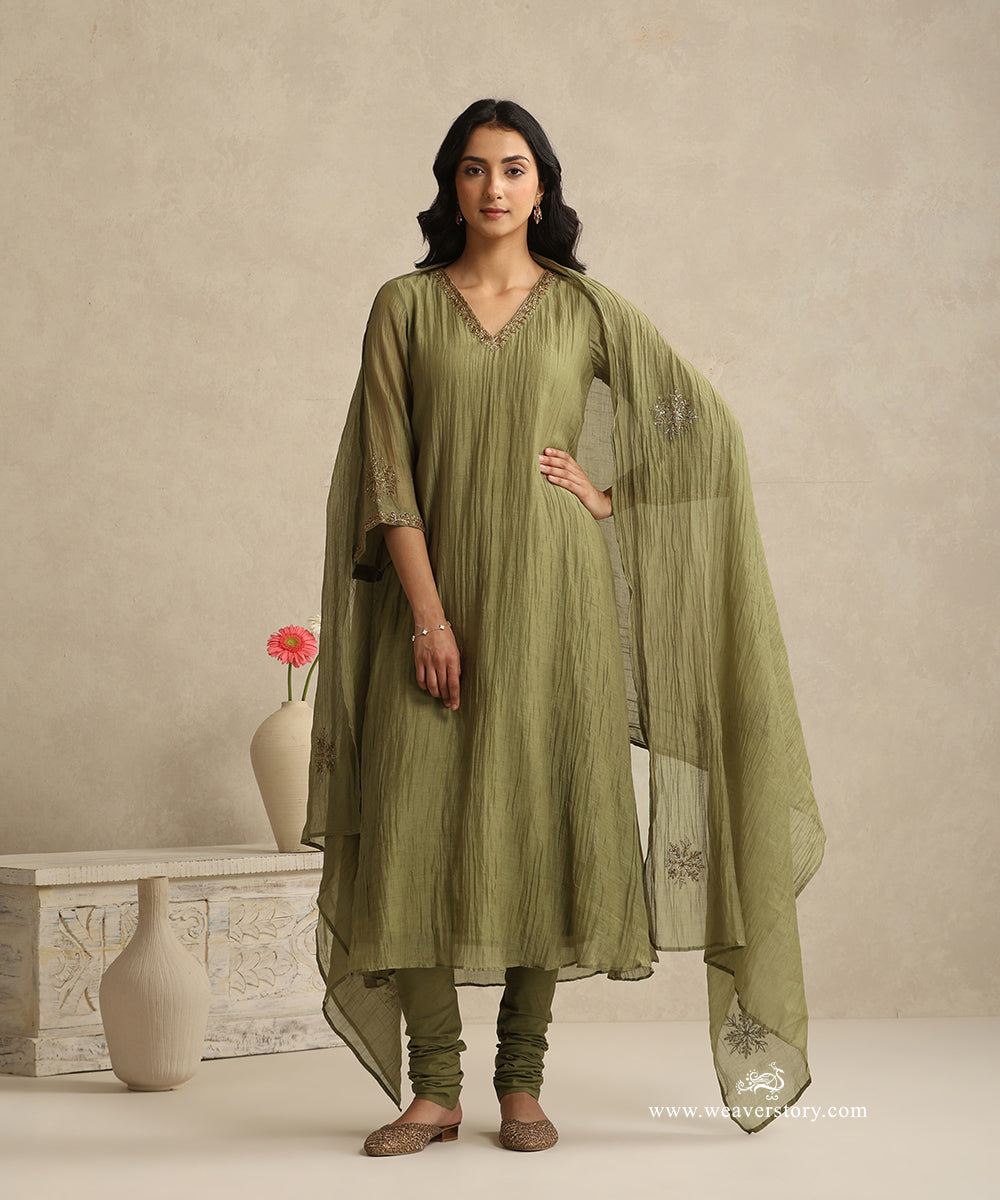 Olive_Green_Handloom_Mul_Chanderi_Churidar_Suit_Set_With_Dabka_Pitta_Hand_Work_WeaverStory_01