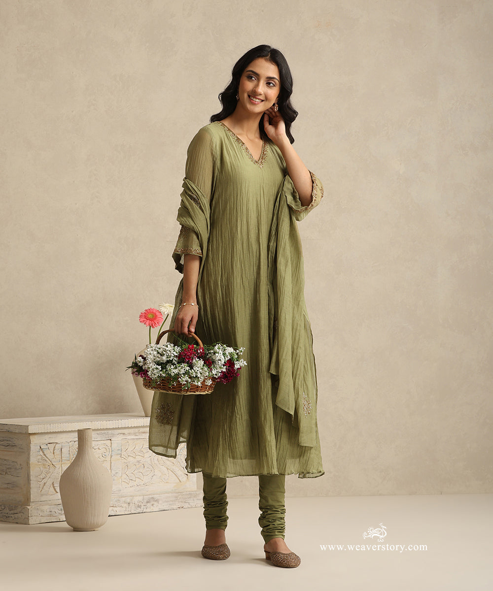 Olive_Green_Handloom_Mul_Chanderi_Churidar_Suit_Set_With_Dabka_Pitta_Hand_Work_WeaverStory_02