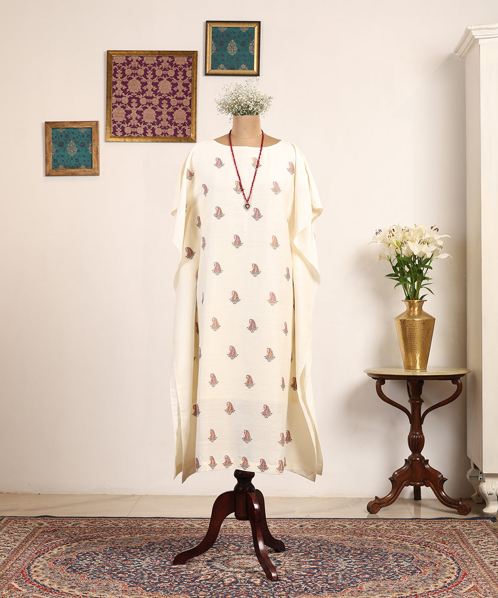 Off White Handloom Muga Silk Kaftan With Meenakari Motif