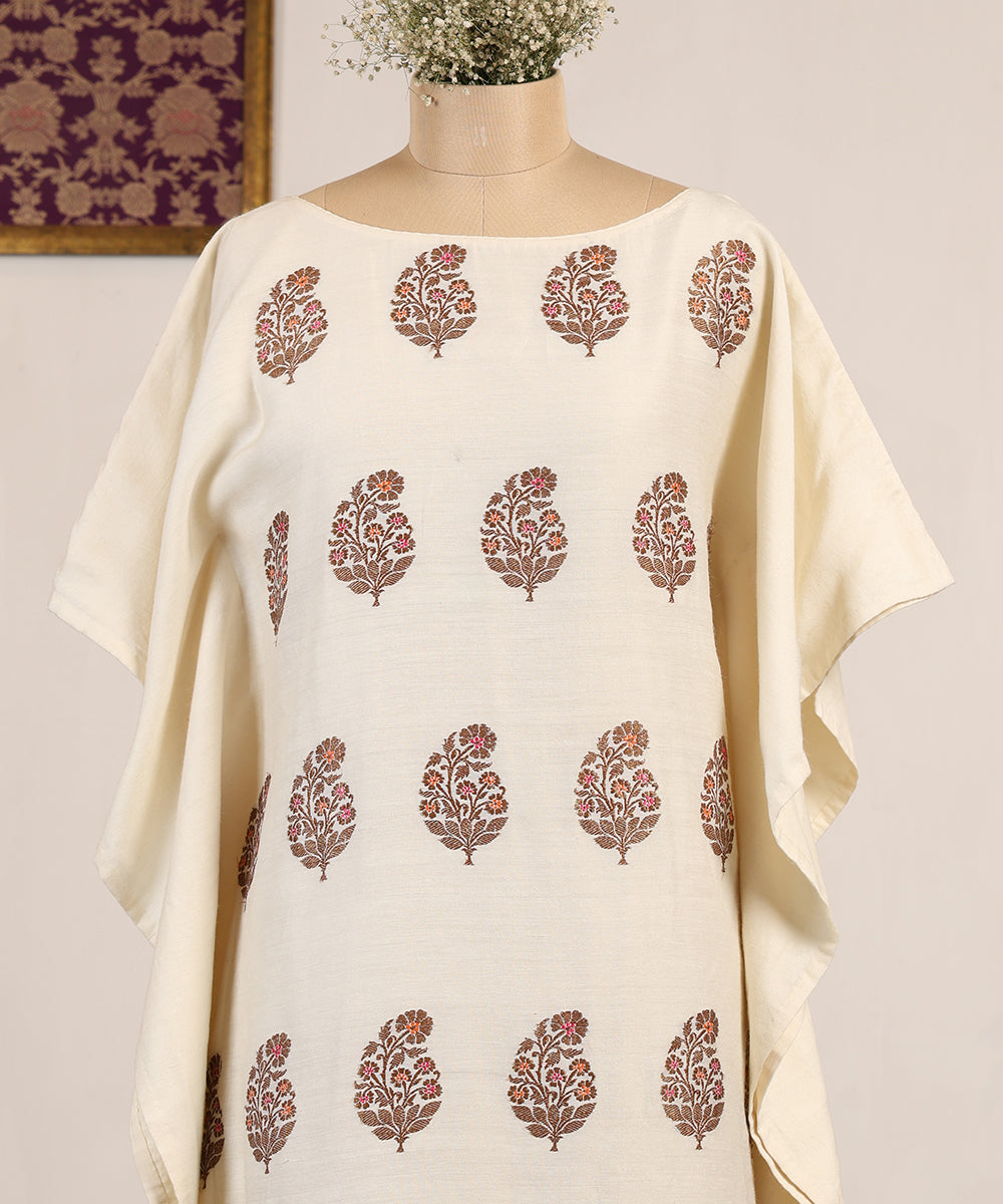 Off White Handloom Muga Silk Kaftan With Meenakari Ambi Booti