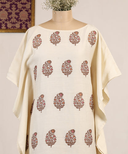 Off White Handloom Muga Silk Kaftan With Meenakari Ambi Booti