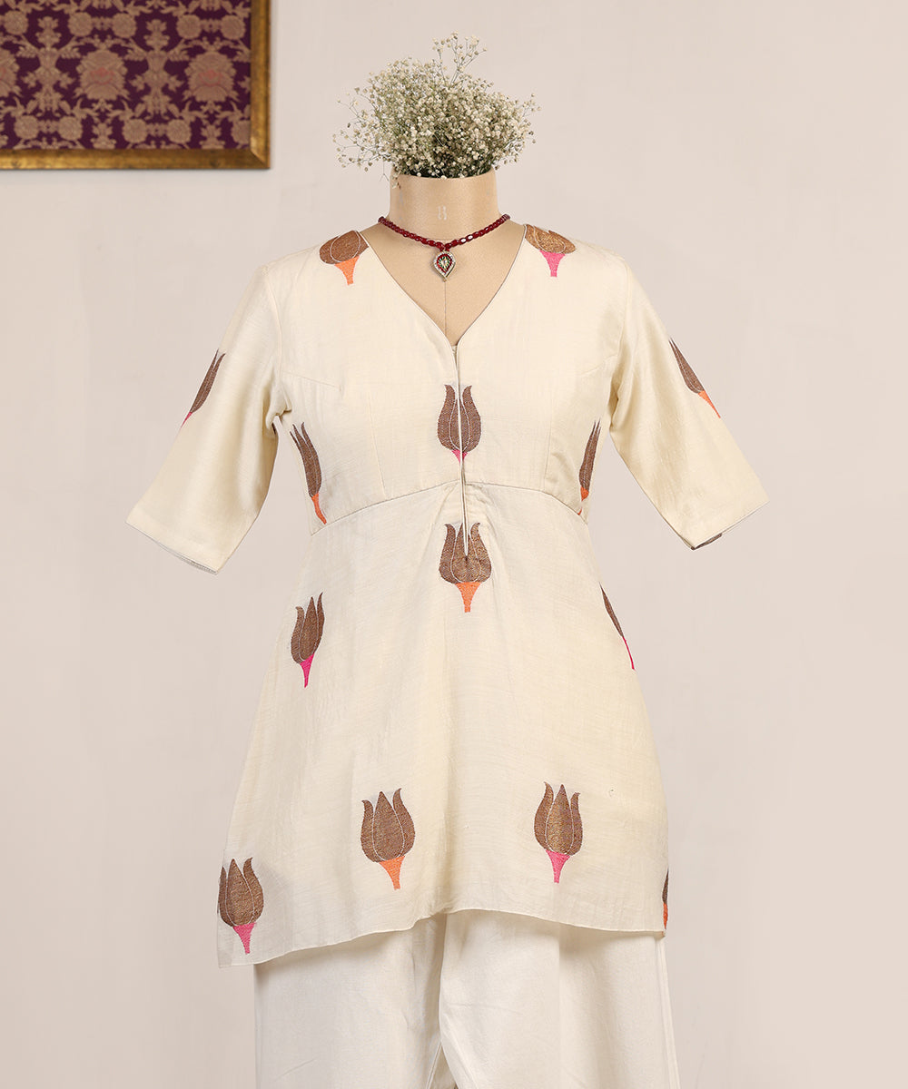 Off White Handloom Monga Silk Kurti With Meenakari Lotus Booti