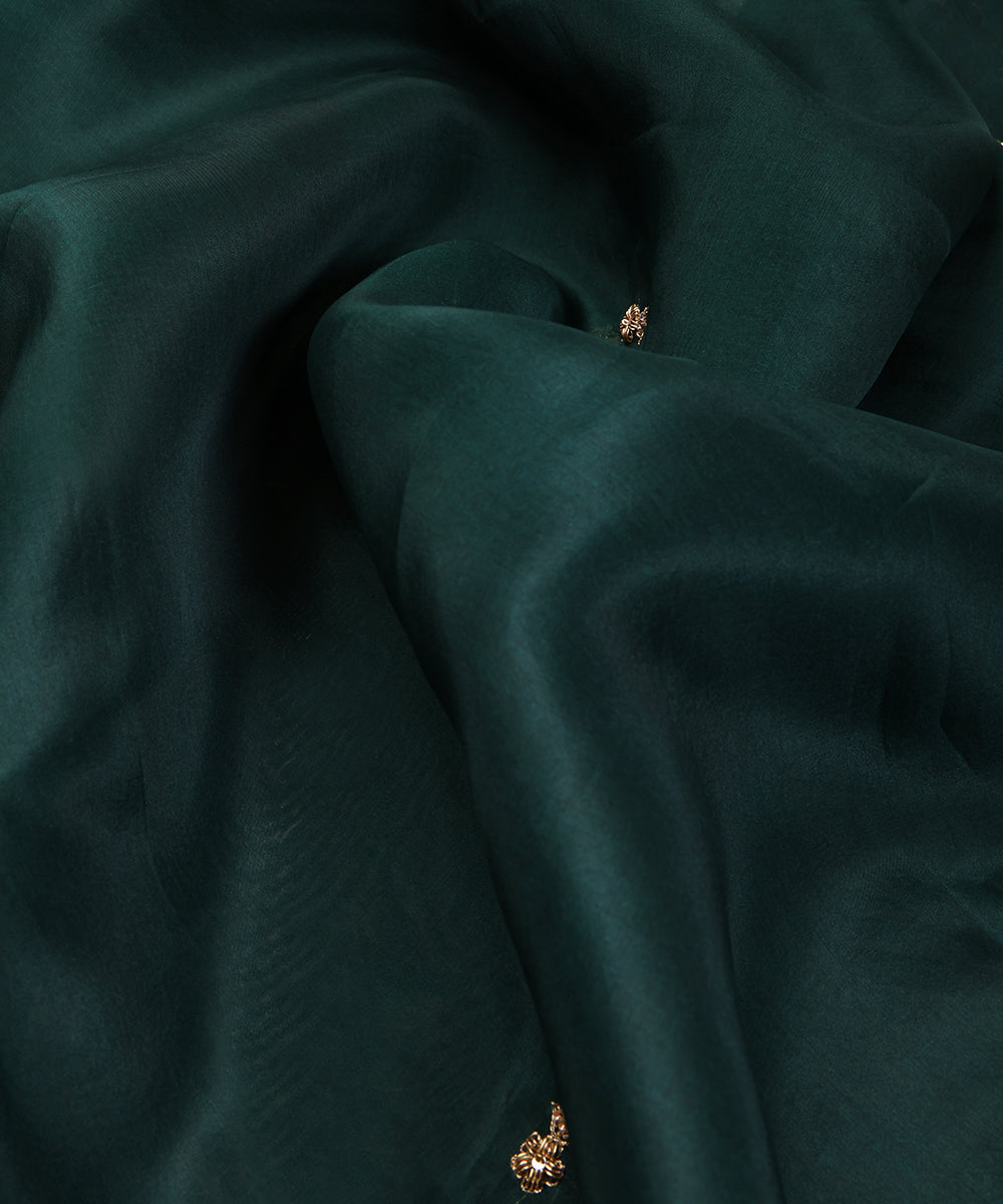Dark Bottle Green Handloom Organza Dupatta with Zardozi Scalloped Border