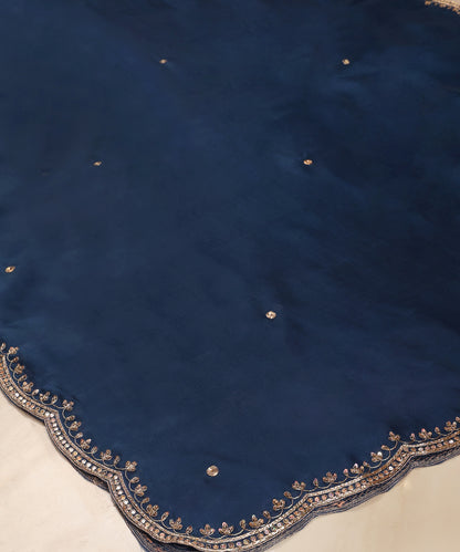 Teal Blue Silk Organza Zardozi Dupatta with Hand-Embroidered Scalloped Border