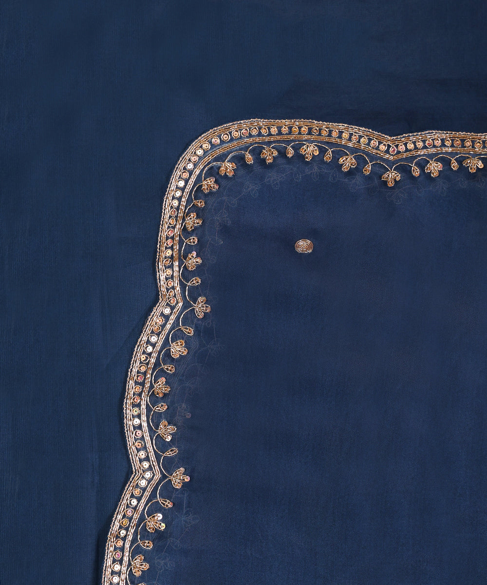 Teal Blue Silk Organza Zardozi Dupatta with Hand-Embroidered Scalloped Border