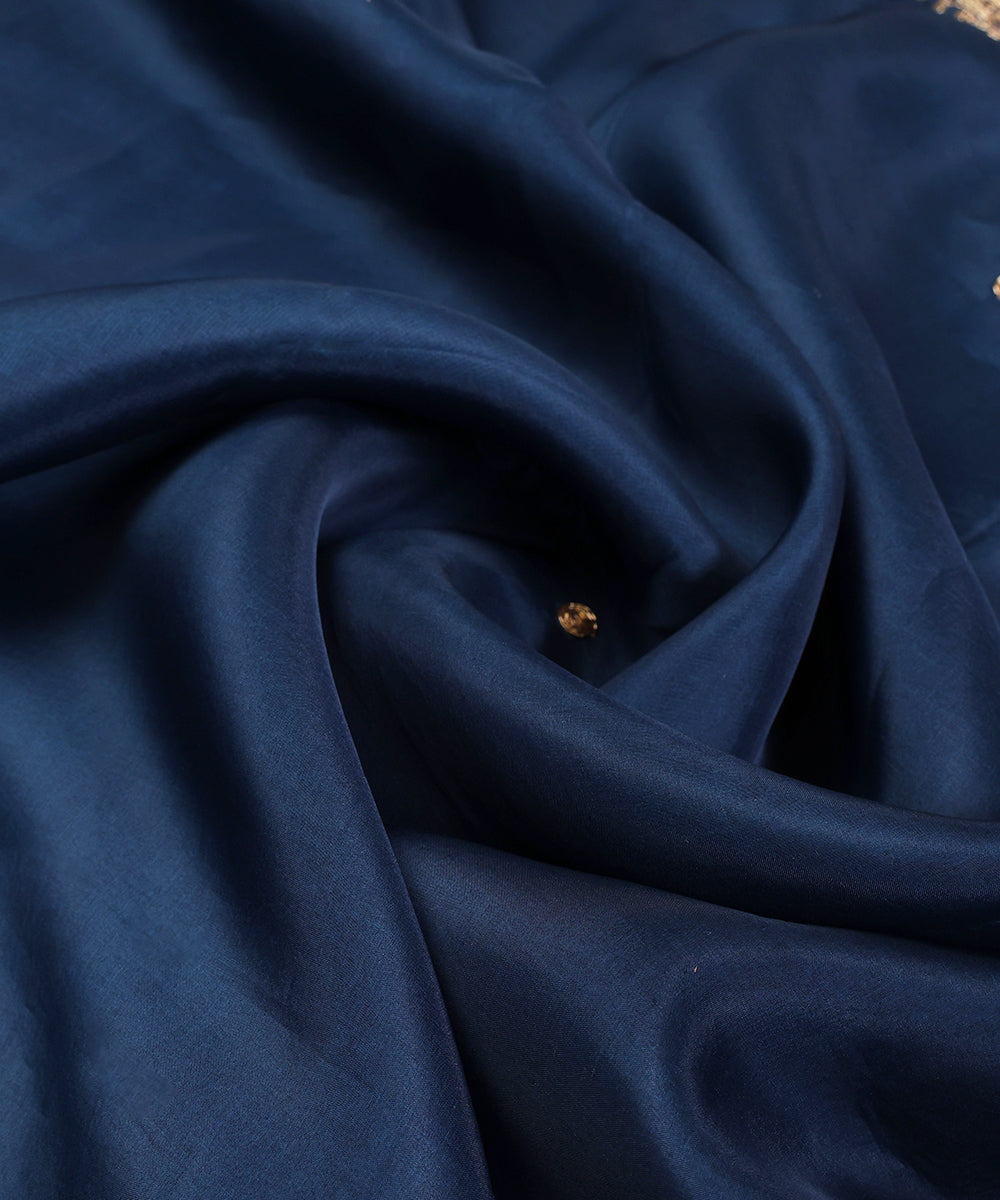 Teal Blue Silk Organza Zardozi Dupatta with Hand-Embroidered Scalloped Border