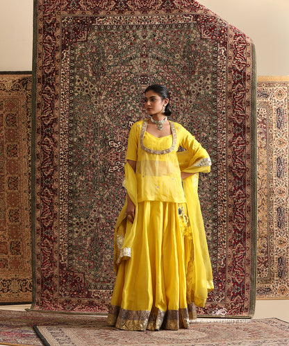 Yellow Chanderi silk lehenga and organza dupatta with two-tone Lampi gota borders