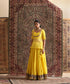 Yellow Chanderi silk lehenga set with pure silk organza hand embroidered overlay top and antique gold lampi gota border by WeaverStory