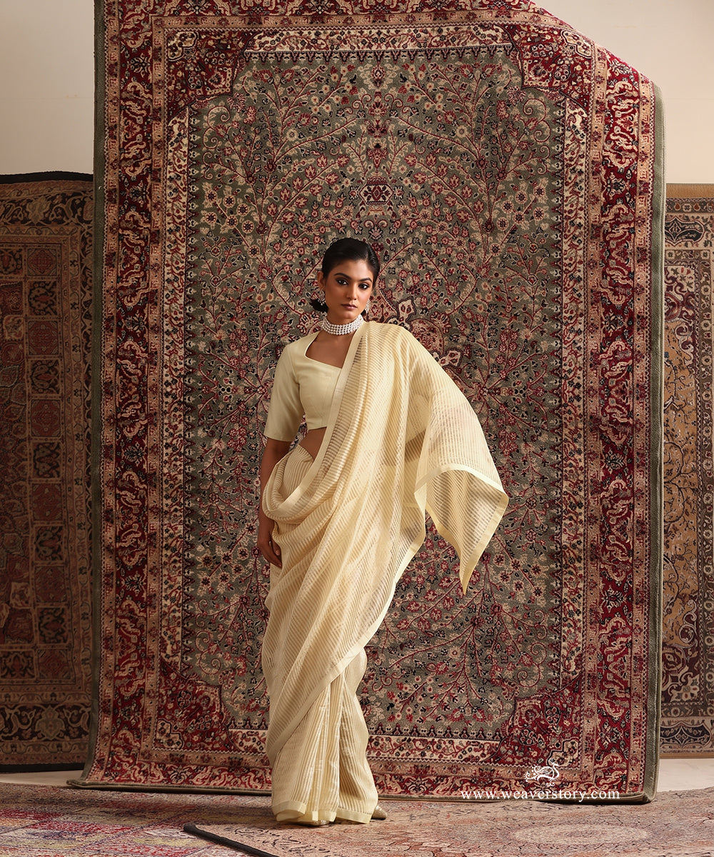 Solstice OffWhite Striped Tissue Saree With Chanderi Finishing