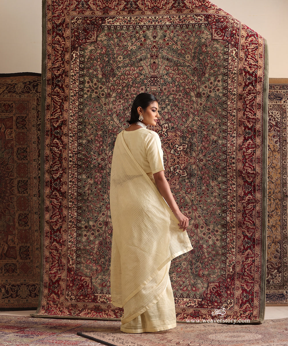 Solstice OffWhite Striped Tissue Saree With Chanderi Finishing